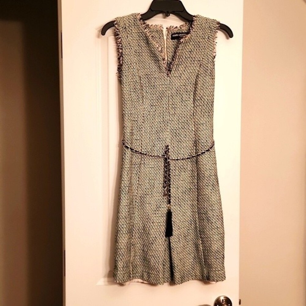 Karl Lagerfeld Green Twead Sheath Dress w/ Braided Chain Belt & Zipper Size 6